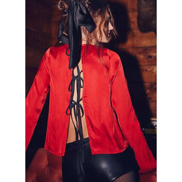 Free People Tops - Free People Arabella Blouse Rubies Red Satin Long Sleeve Bow Back Medium NWT